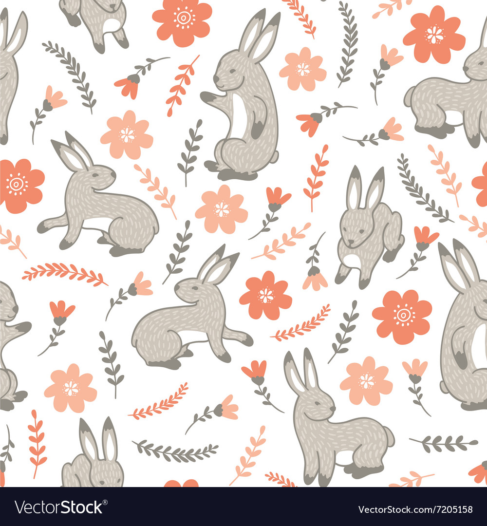 Seamless pattern with rabbits and flowers Vector Image