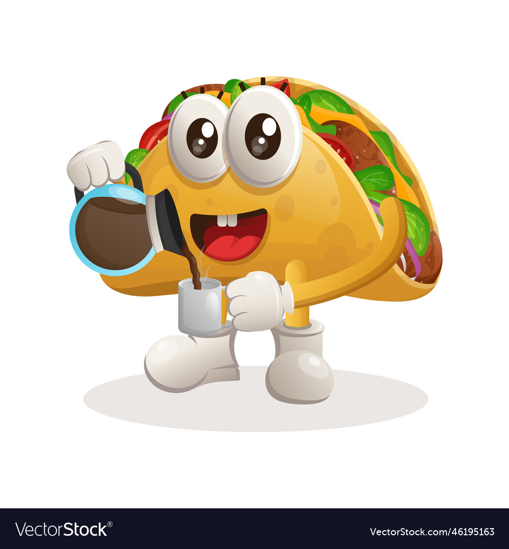 Cute taco mascot drinking coffee time