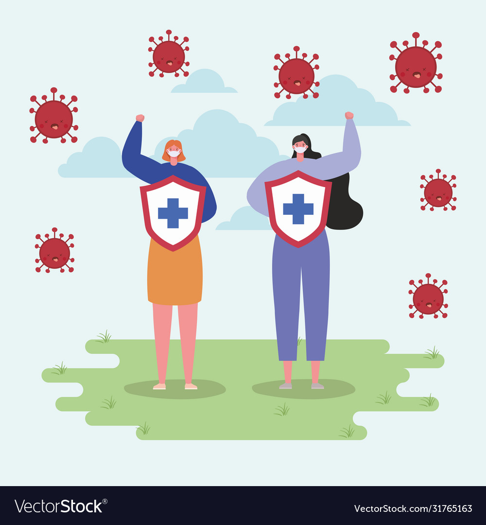 Women with masks and shields cross fight Vector Image