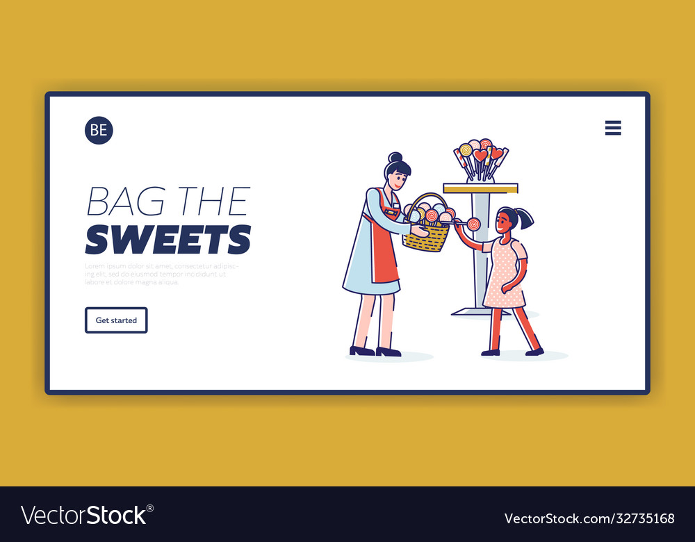 Landing page with candy shop female owner treating