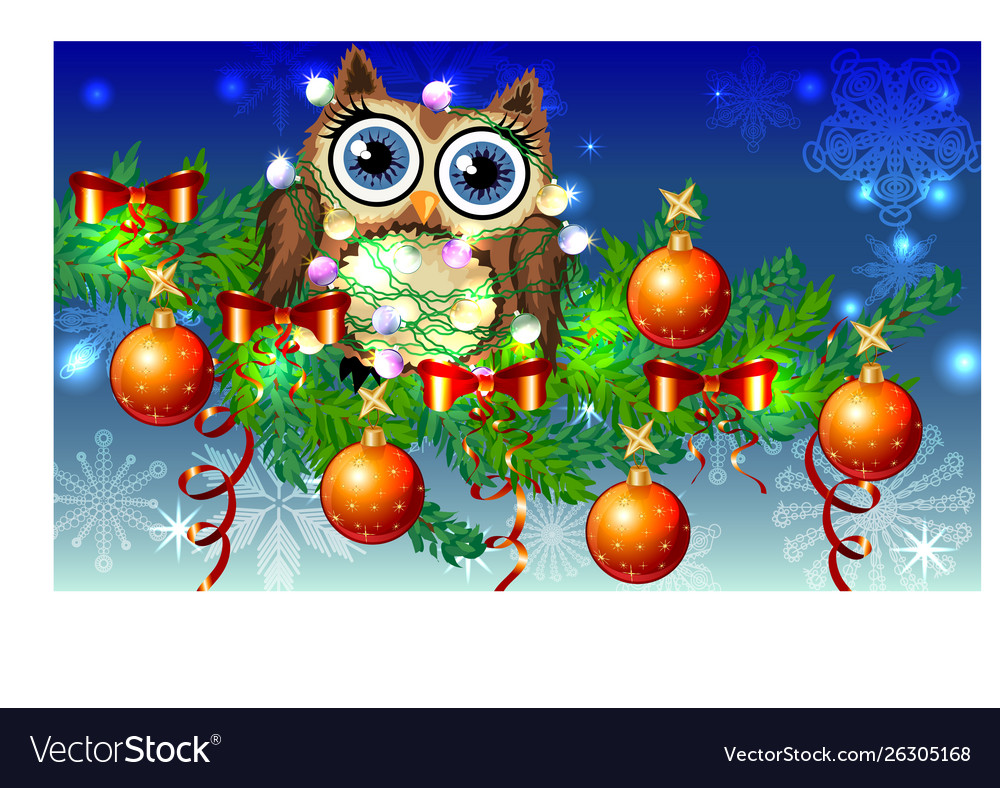 Lovely cartoon owl tangled in a garland