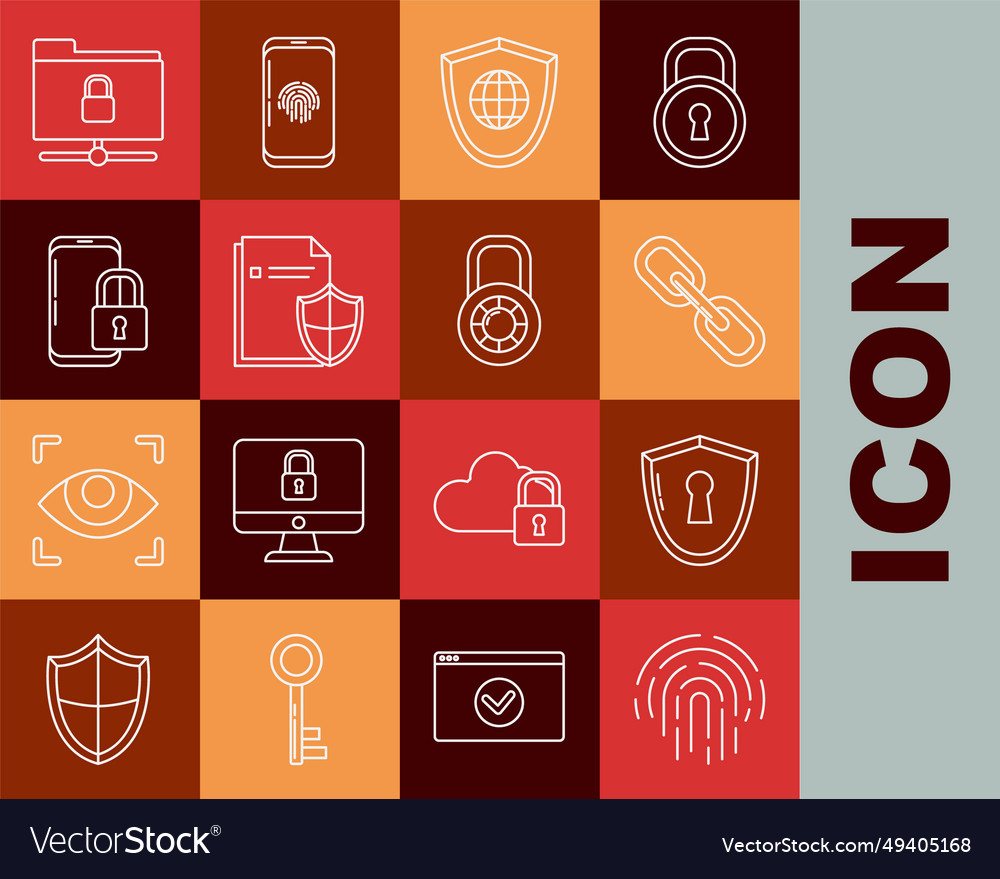 Set line fingerprint shield with keyhole chain vector image Set line fingerprint shield with keyhole chain