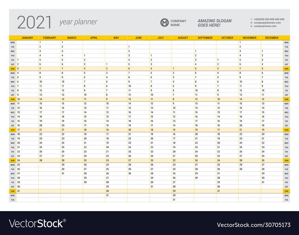 2021 calendar year planner printable Calendar Yearly Planner Template For 2021 Vector Image 2021 calendar year planner printable