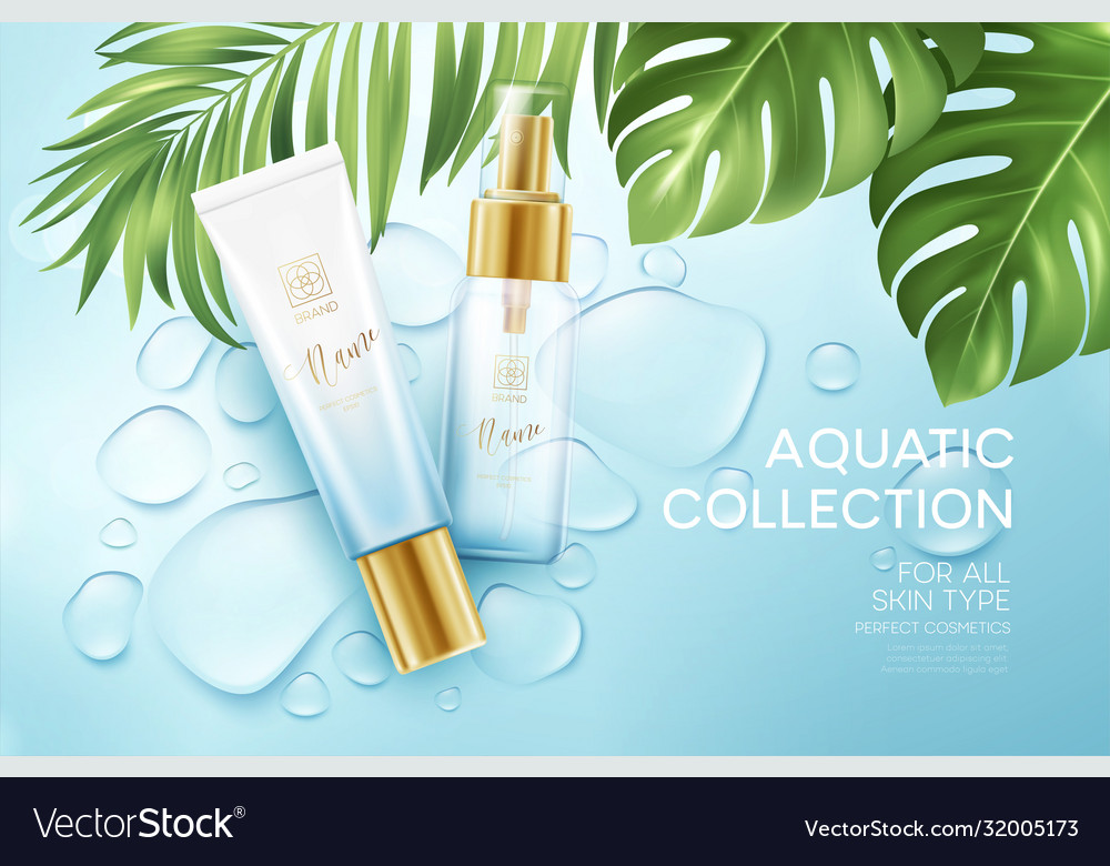 Cosmetics on blue water drop background Royalty Free Vector