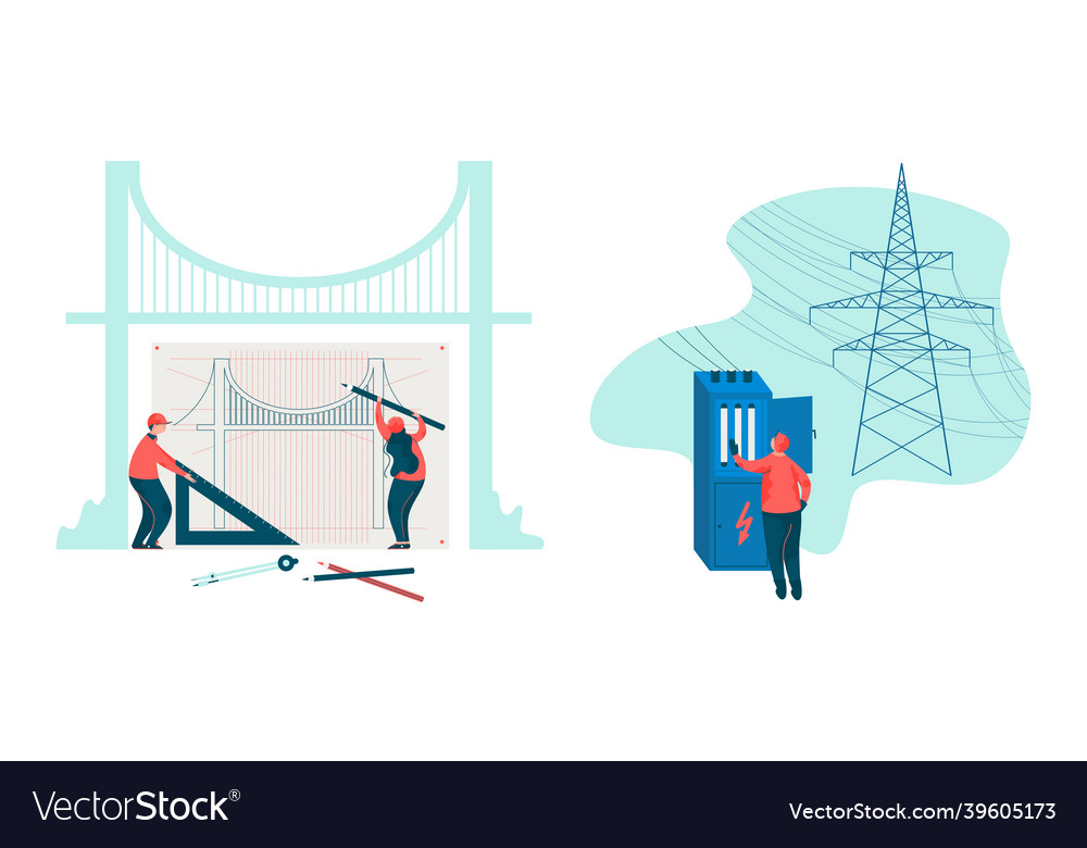 Project team engineering bridge creating draft vector image Project team engineering bridge creating draft