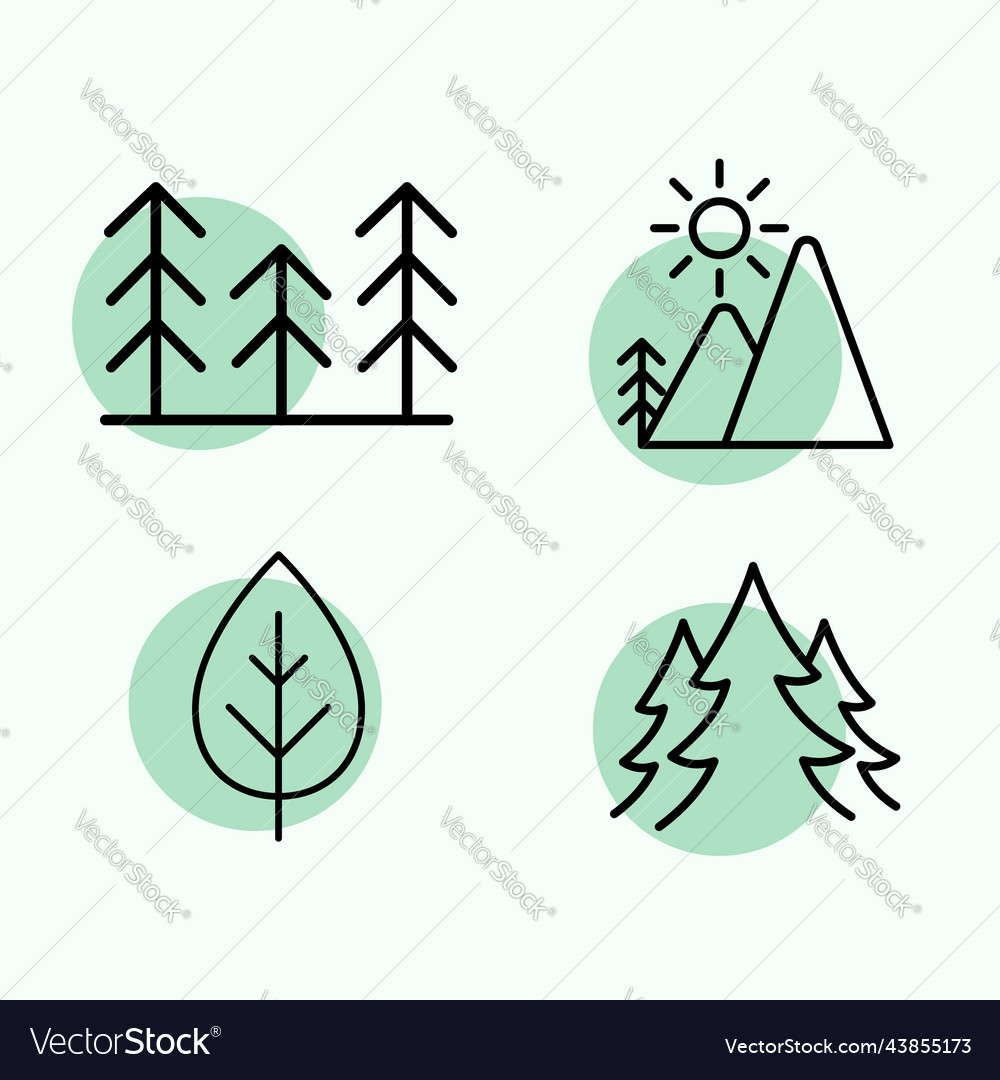 Set of colorful nature mountain tree outline icon