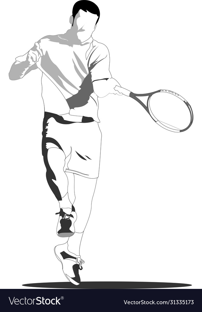 Tennis player black-white sketch for designers