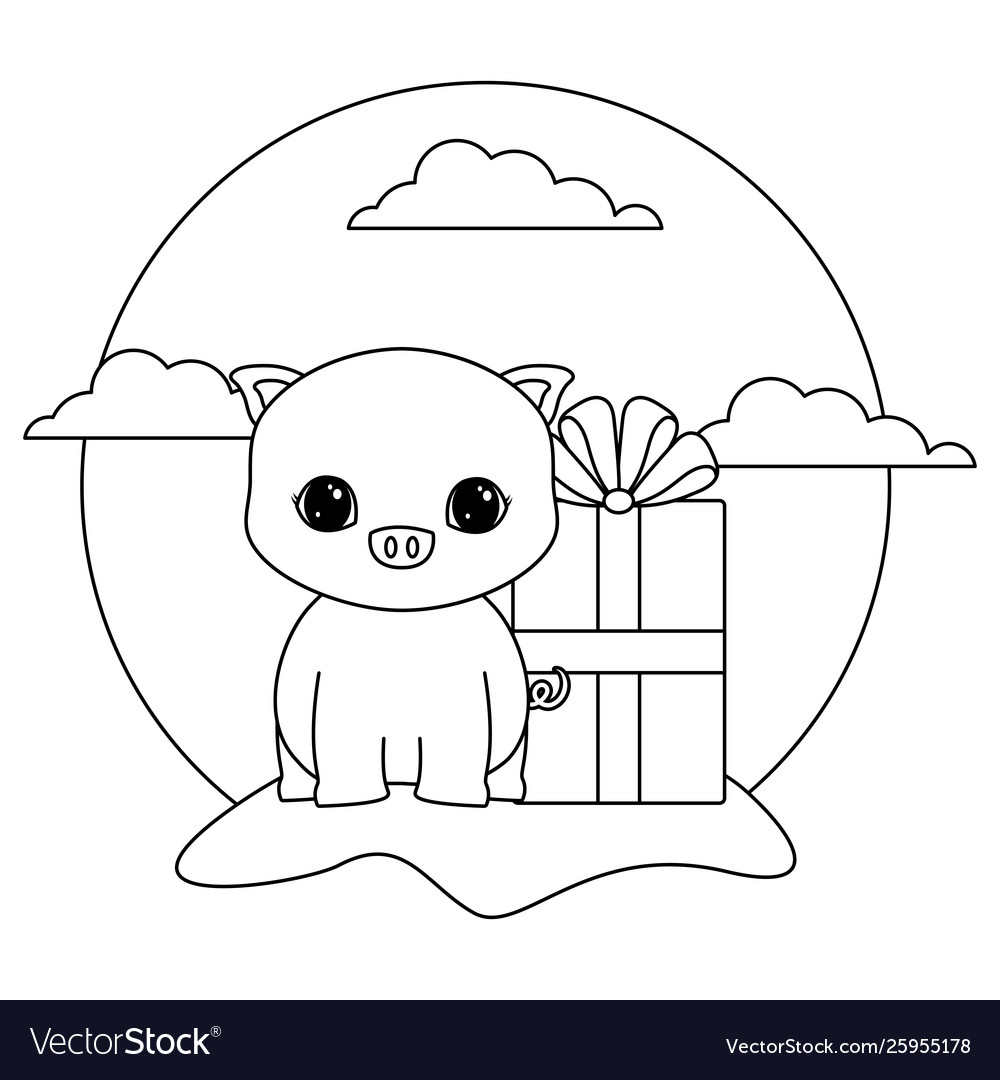 Cute piggy animal with gift box in landscape