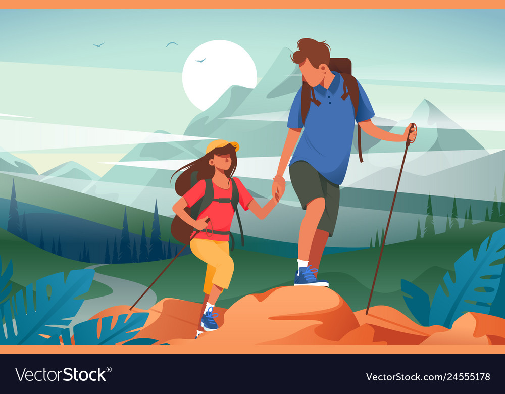 Flat young woman and man couple hiking Royalty Free Vector