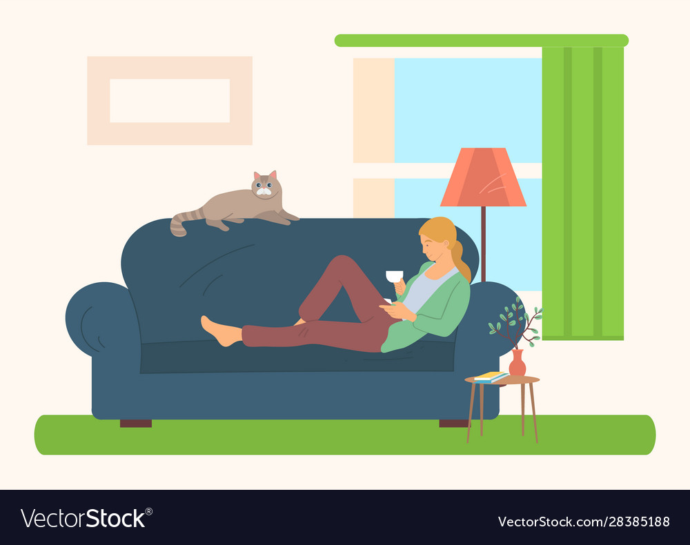 Female reading literature on sofa hob Royalty Free Vector