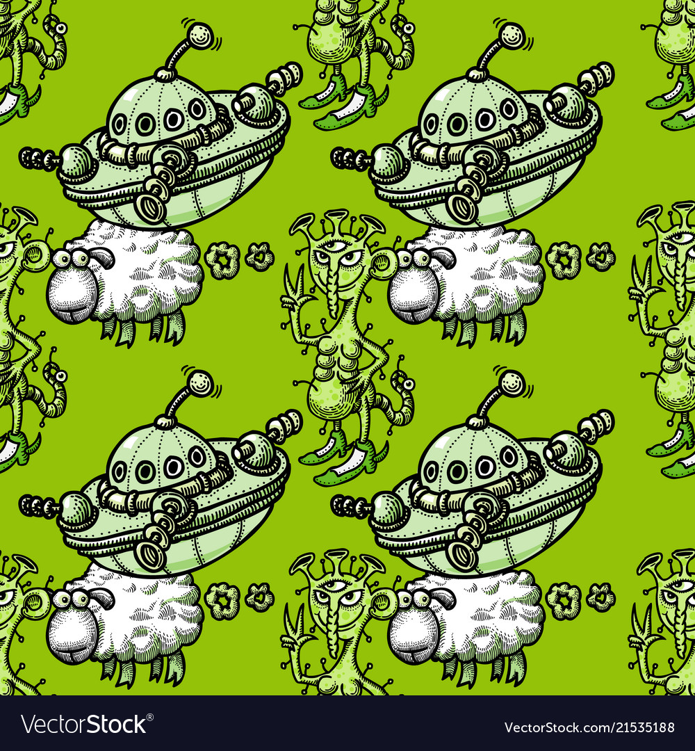 Flying saucer and farting sheep alien seamless Vector Image