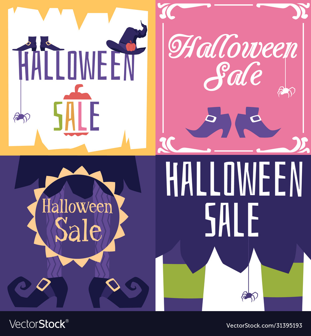 Halloween sale poster set with witch hat and shoes