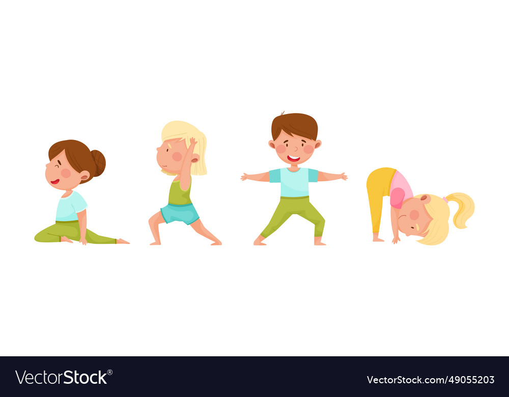 Kid characters doing yoga standing in different Vector Image