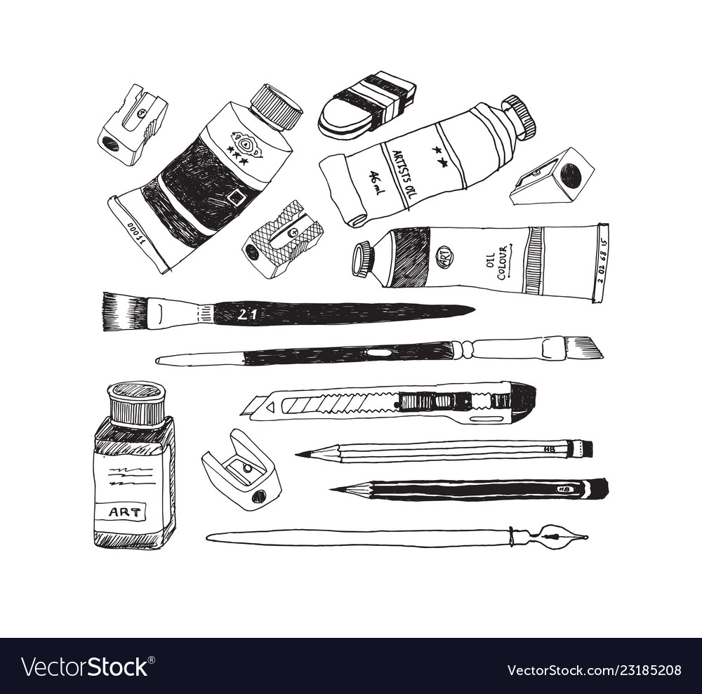 Hand drawn art tools and supplies set