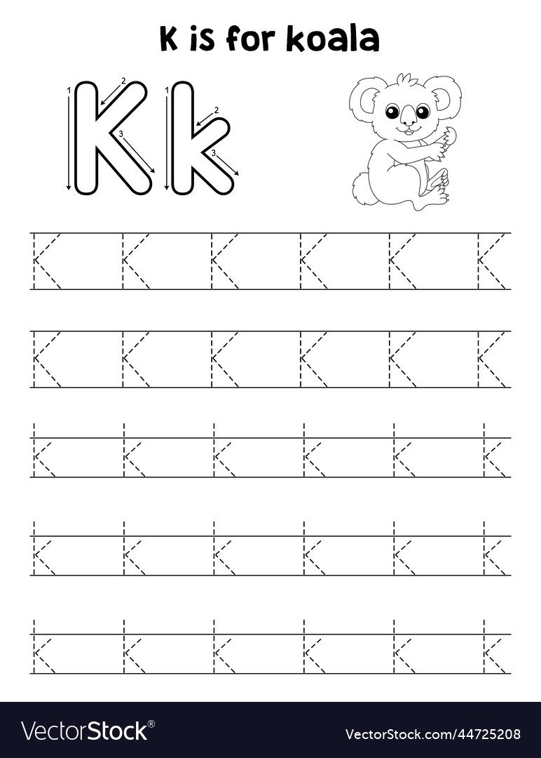 Koala animal tracing letter abc coloring page k Vector Image