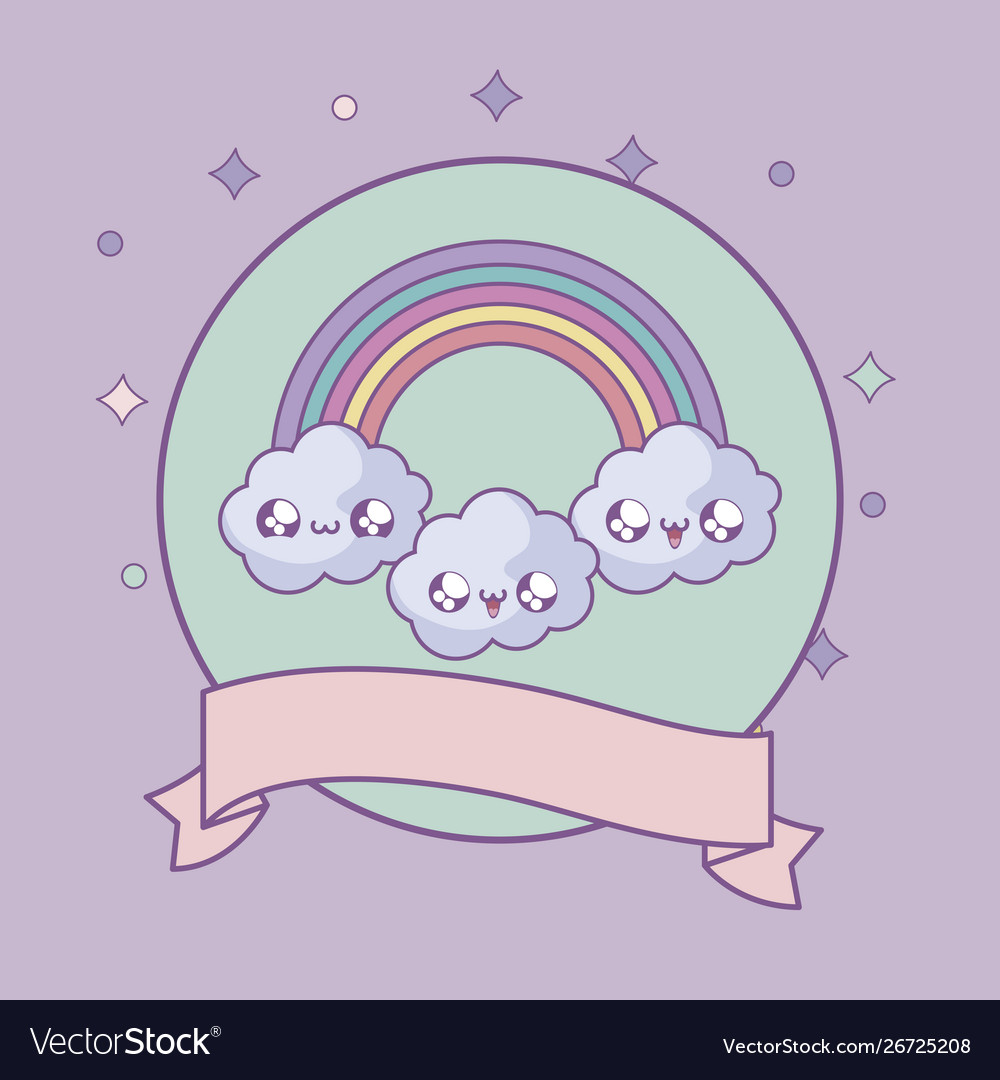 Rainbow and clouds in frame circular with ribbon