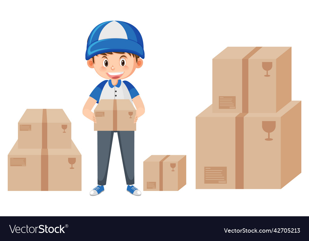 Courier man carrying carton box cartoon Royalty Free Vector