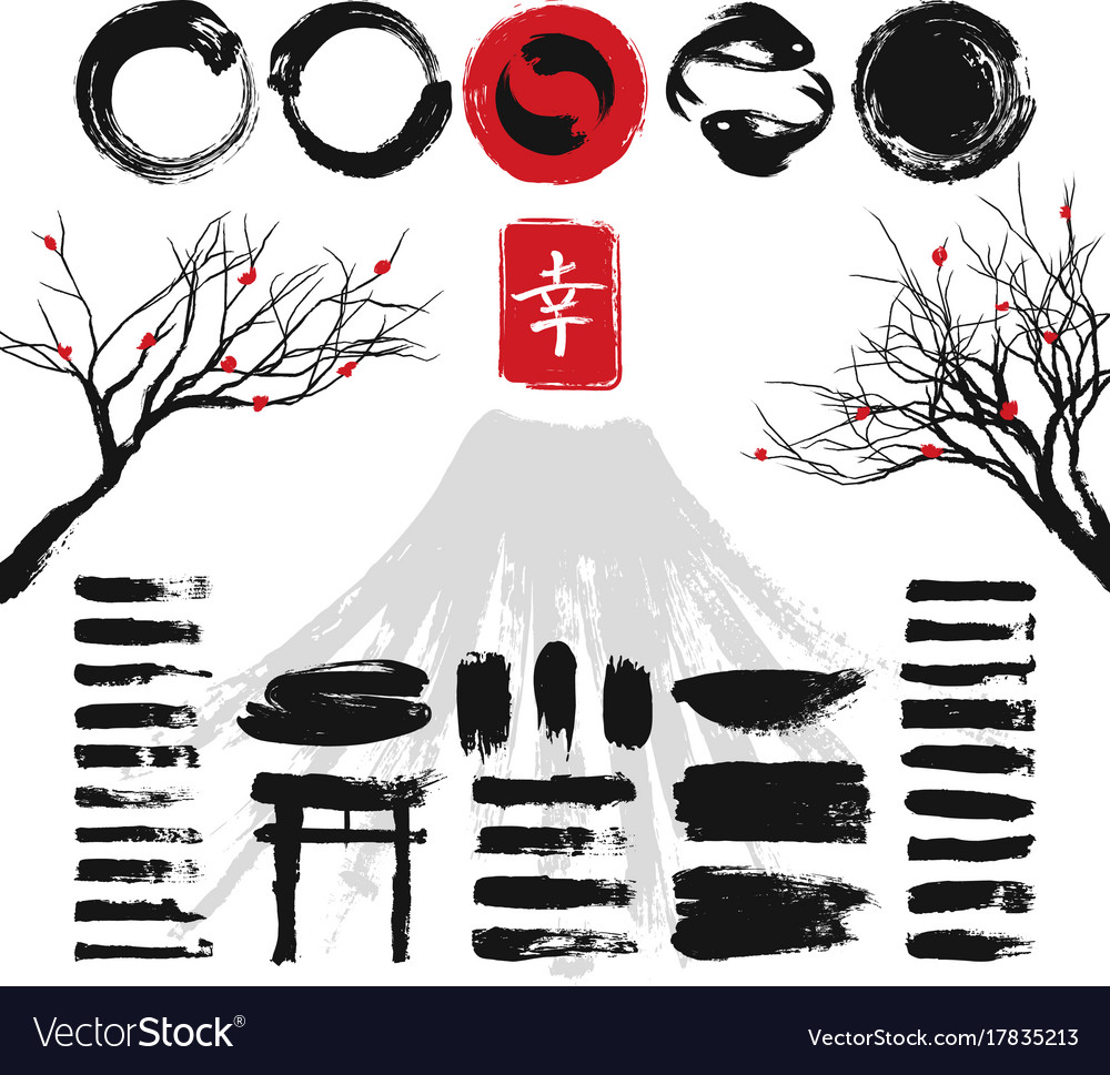 Japanese ink grunge art brushes and asian design elements vector set. 