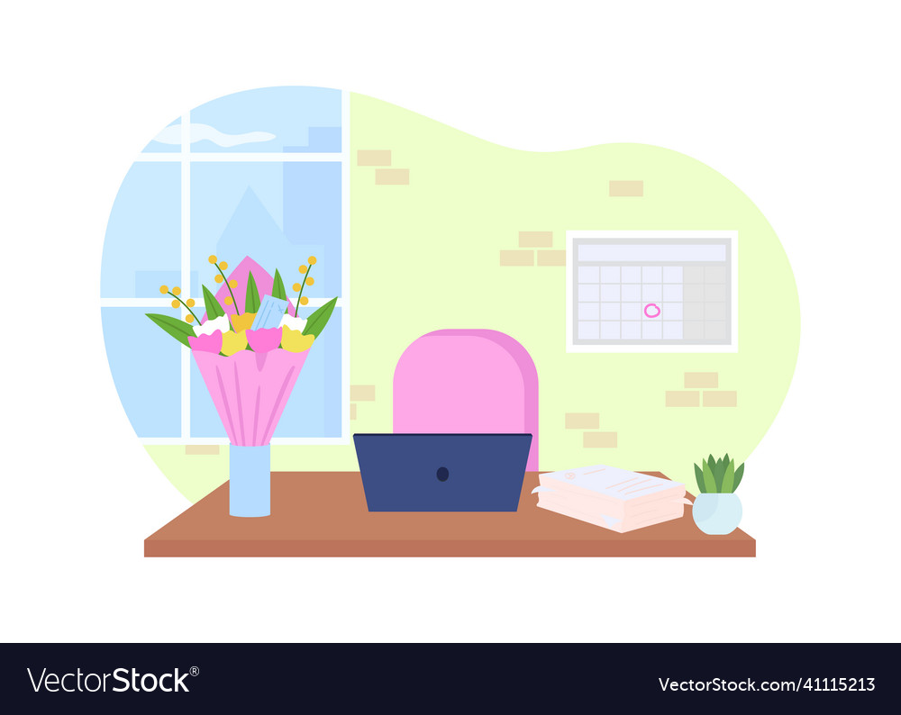 Office desk with bouquet in vase 2d web banner