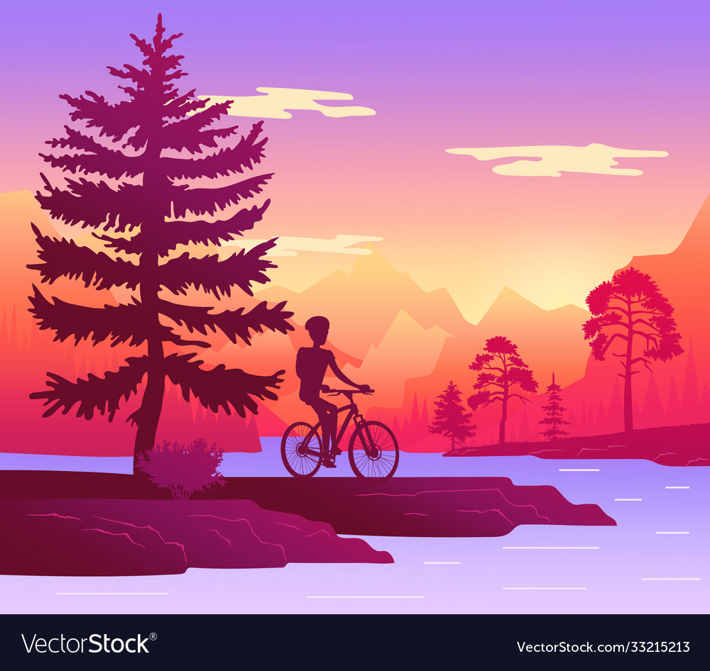 Traveler rides bicycle in forest mountain