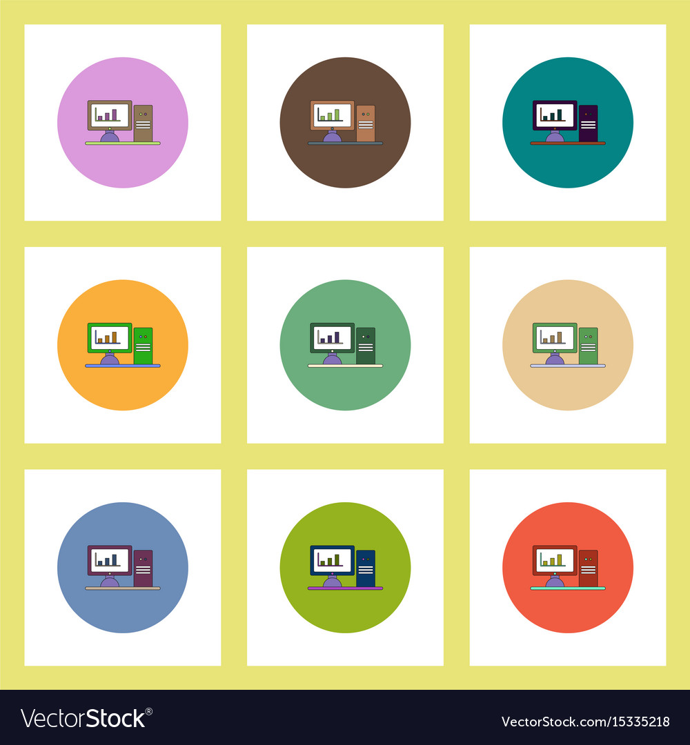 Flat icons set of column chart on computer monitor