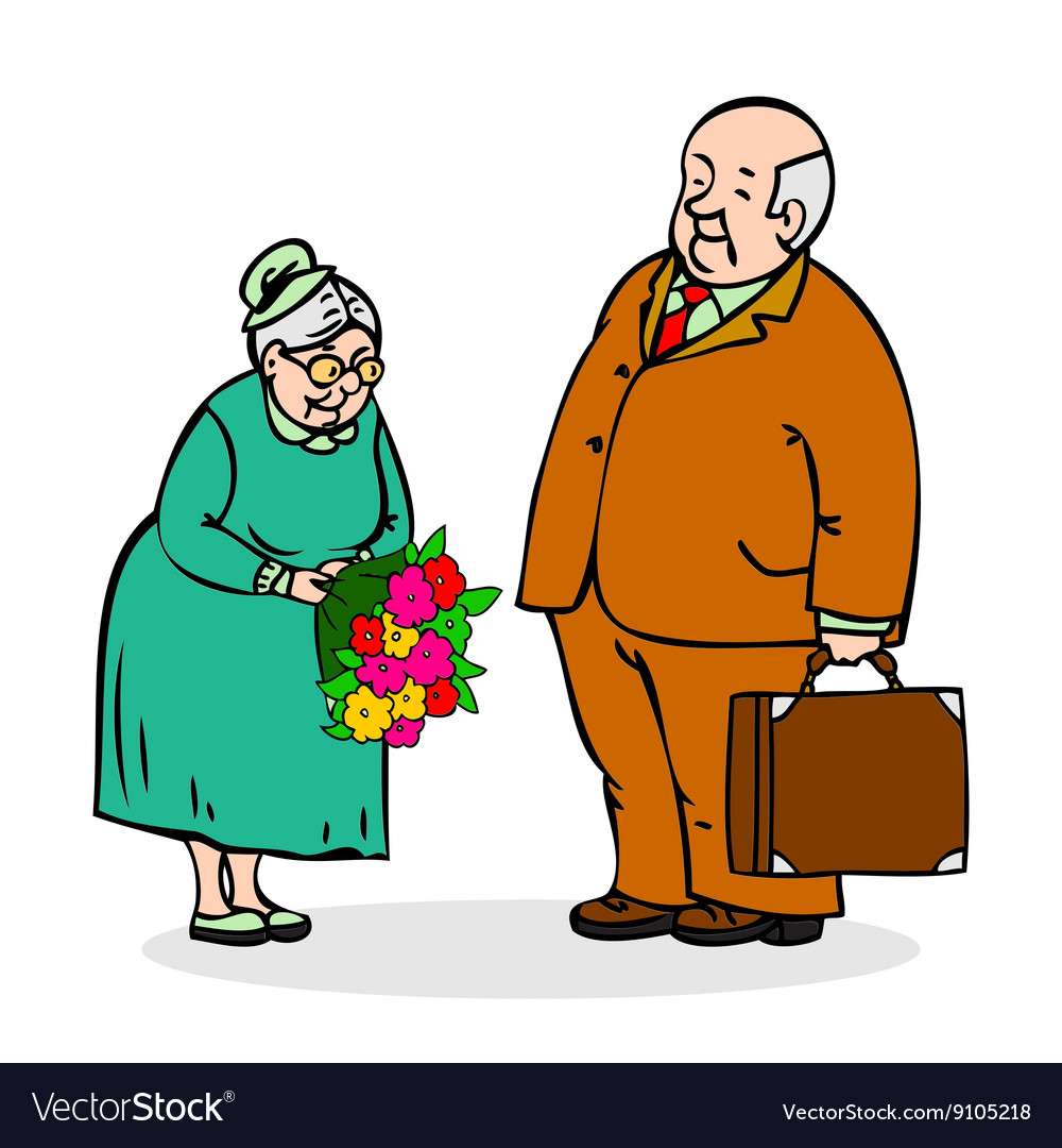 Happy seniors couple old man with a bouquet