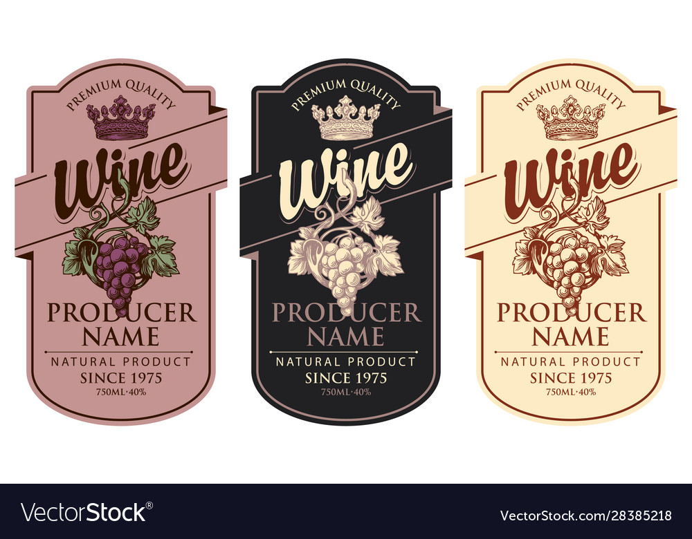 Set wine labels with grape bunches and crowns Vector Image