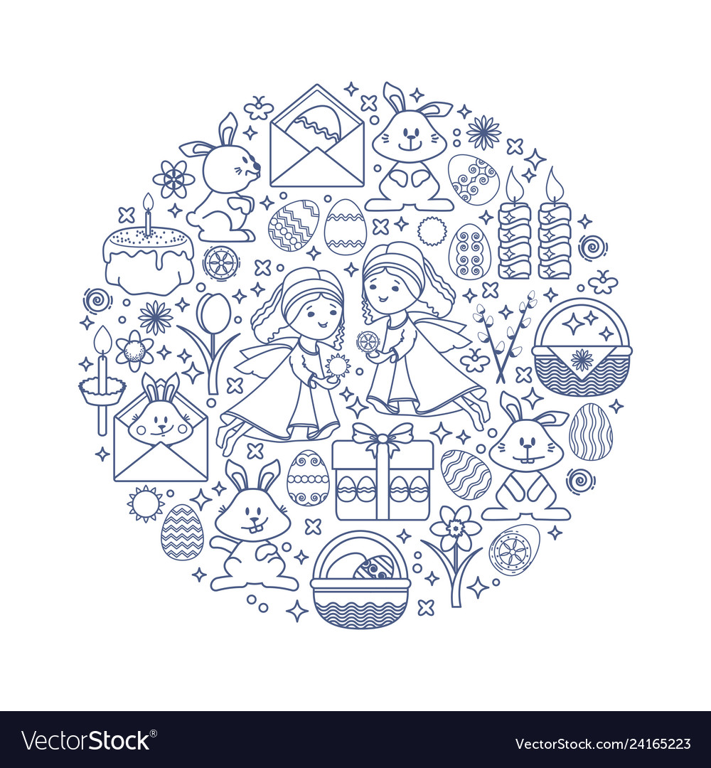 Easter elements arranged in circle linear vector image Easter elements arranged in circle linear