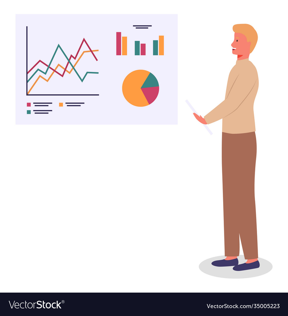 Man makes presentation using large stand vector image Man makes presentation using large stand