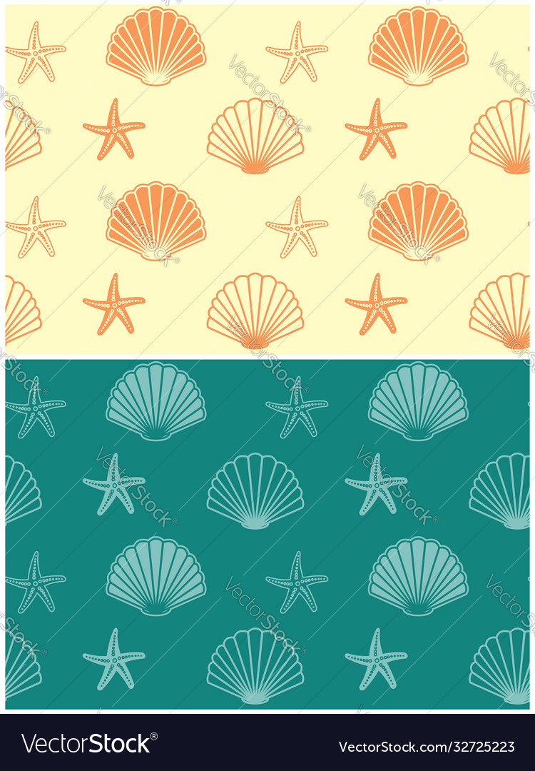 Seamless patterns with seashells and starfish