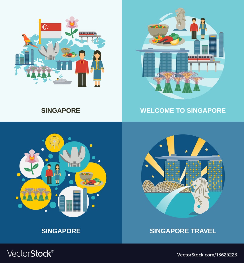 Singapore culture 4 flat icons composition Vector Image