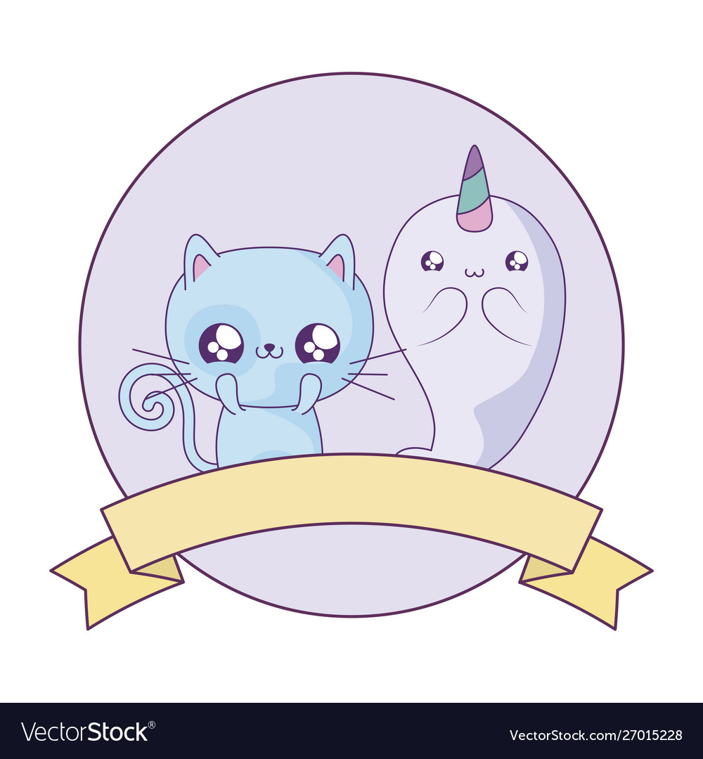 Cute narwhal with cat animals baby kawaii Vector Image