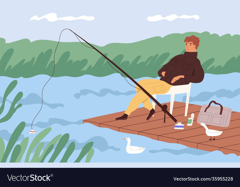 Fisherman sitting with fishing rod and watching at