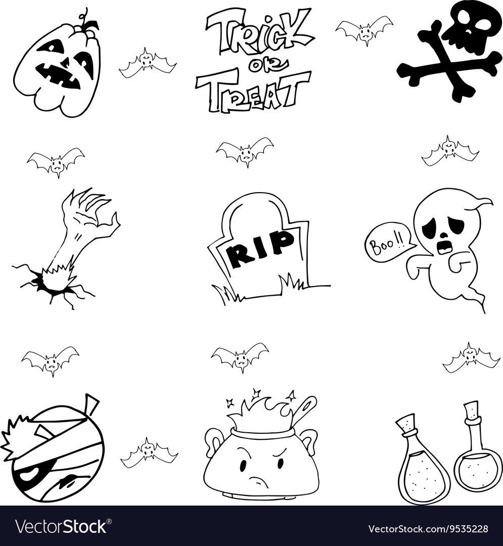 Premium Vector  Doodle black and white halloween set for cute design hand  draw funny cartoon elements for party