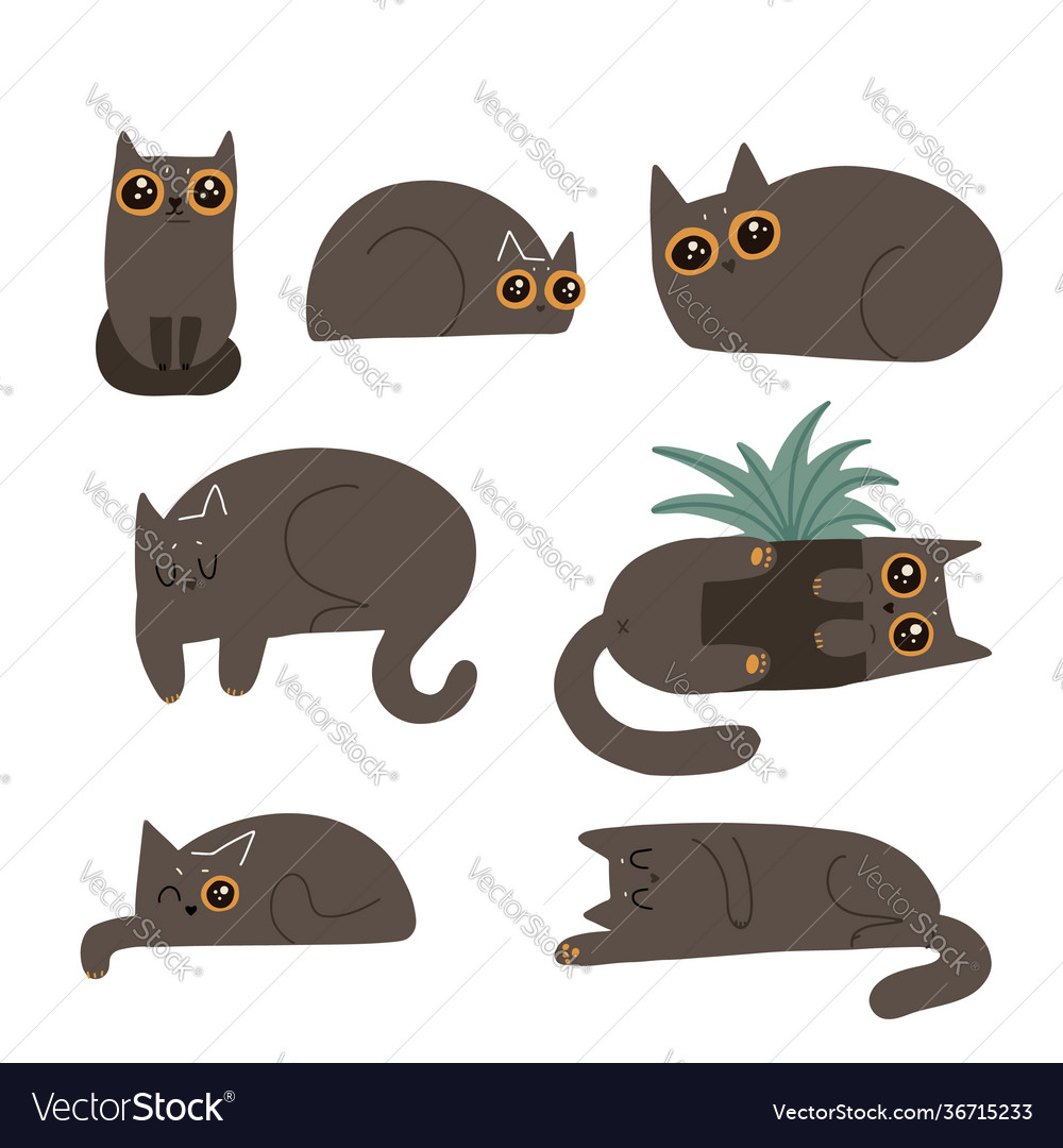 Black fluffy cats set cute cartoon funny lying Vector Image