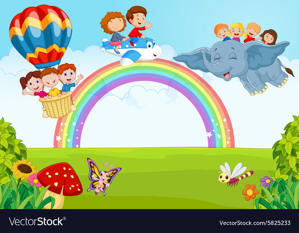 Cartoon little kid on the rainbow