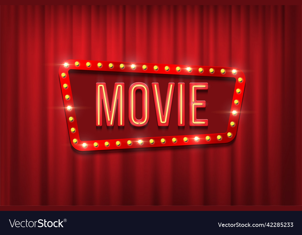 Retro movie sign with bulb frame on red curtain