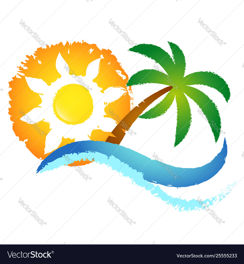 Sun blue wave and palm tree Royalty Free Vector Image