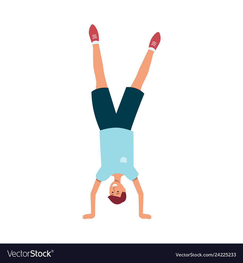 Young happy boy standing on his hands in flat Vector Image