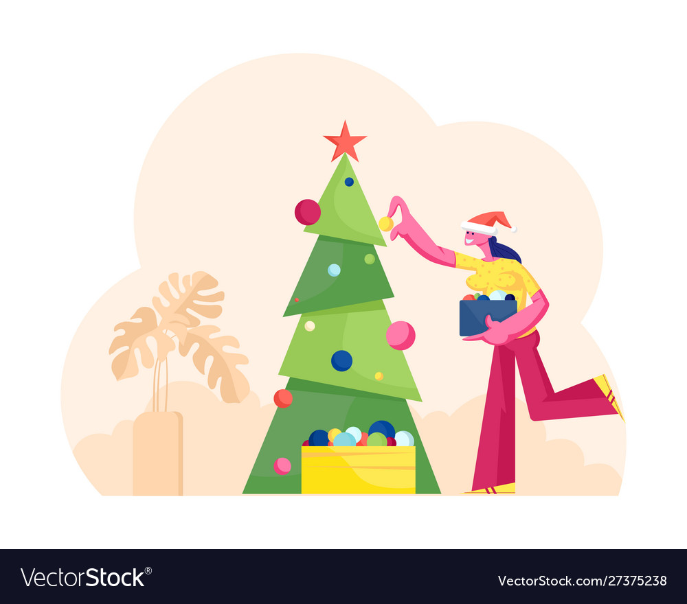 Cute smiling woman in santa claus hat holding box