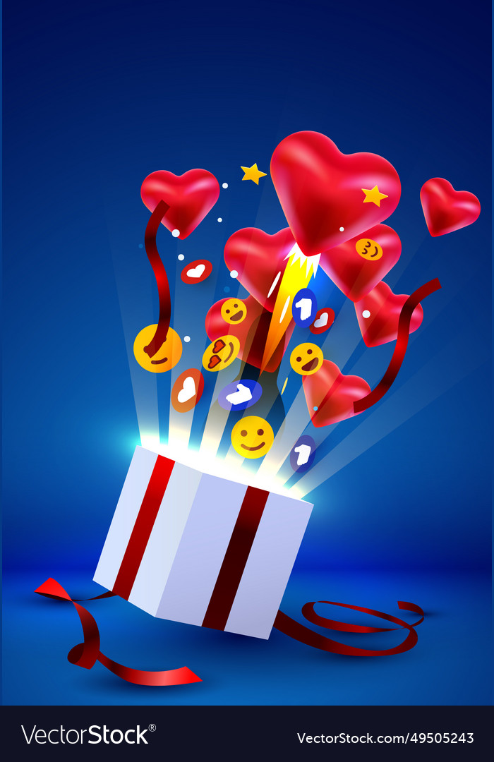 Open gift box with emoji and hearts explosion