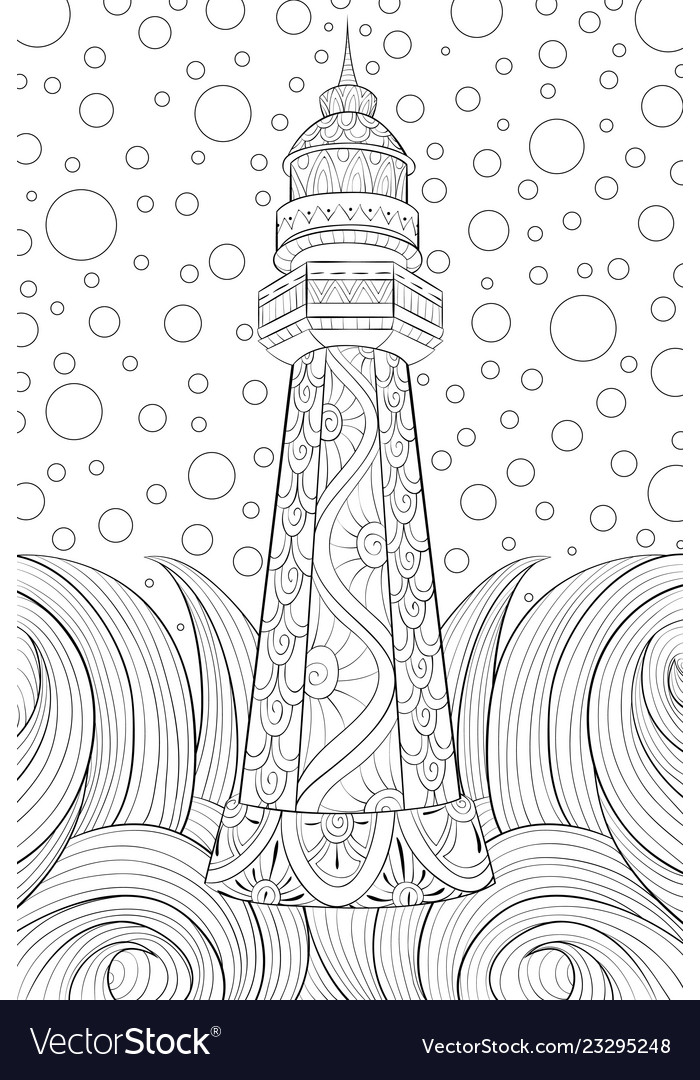 Adult coloring bookpage a cute tower on the sea