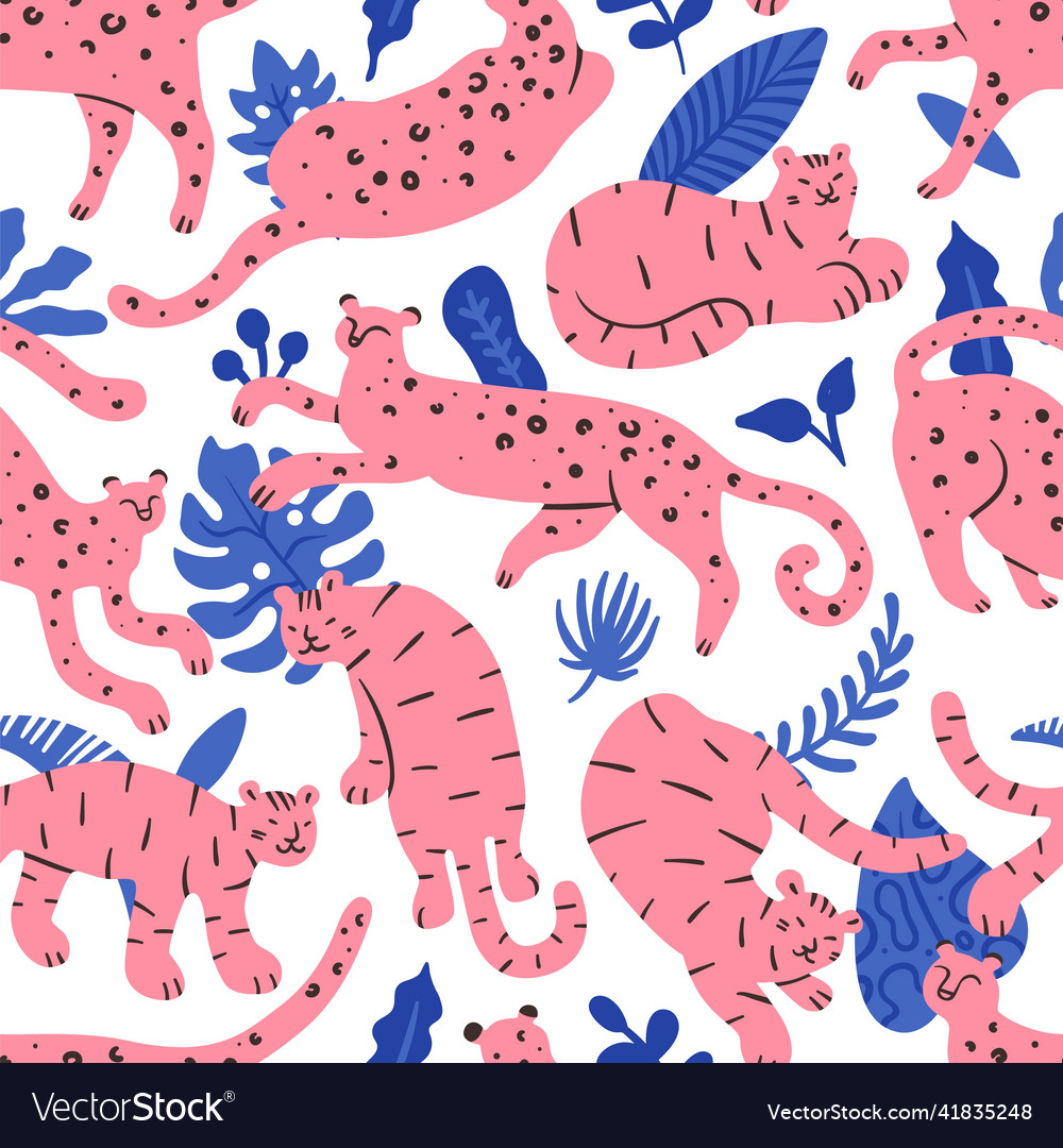 Leopards tigers and plants seamless pattern