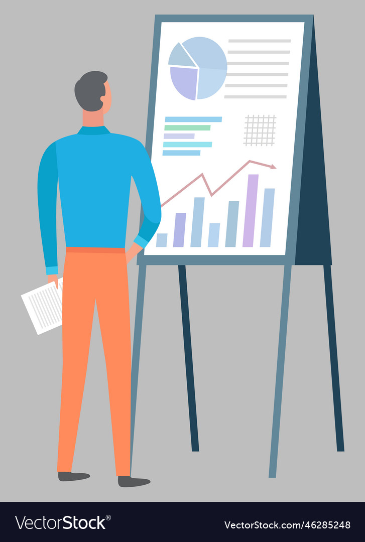 Man and whiteboard with graph growing chart vector image Man and whiteboard with graph growing chart
