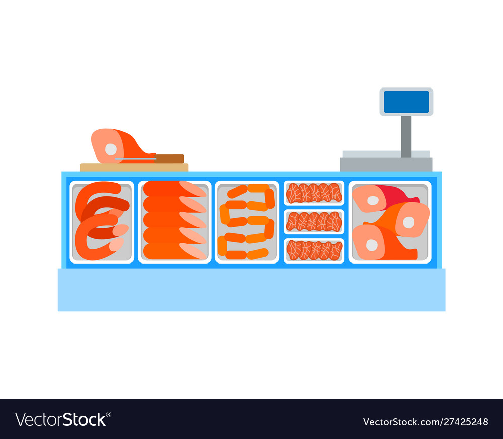 Verkäufer Zähler volle Fleischwaren Lebensmittel Fleisch vector image Verkäufer Zähler volle Fleischwaren Lebensmittel Fleisch
