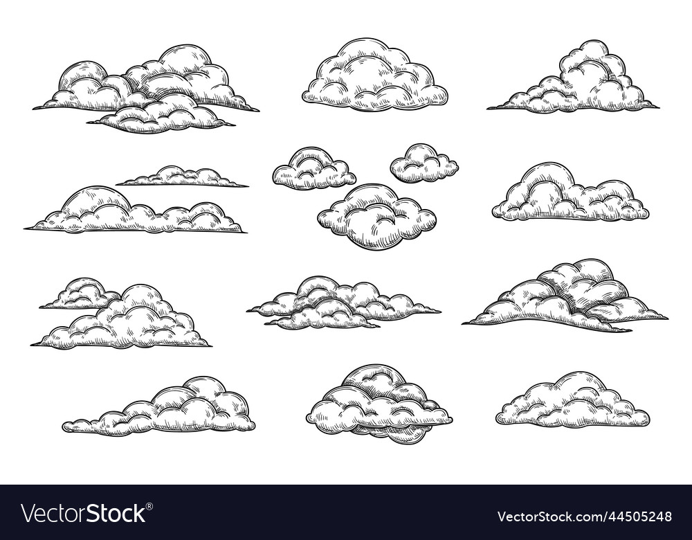 Sketch clouds hand drawn pencil cloudy sky retro Vector Image