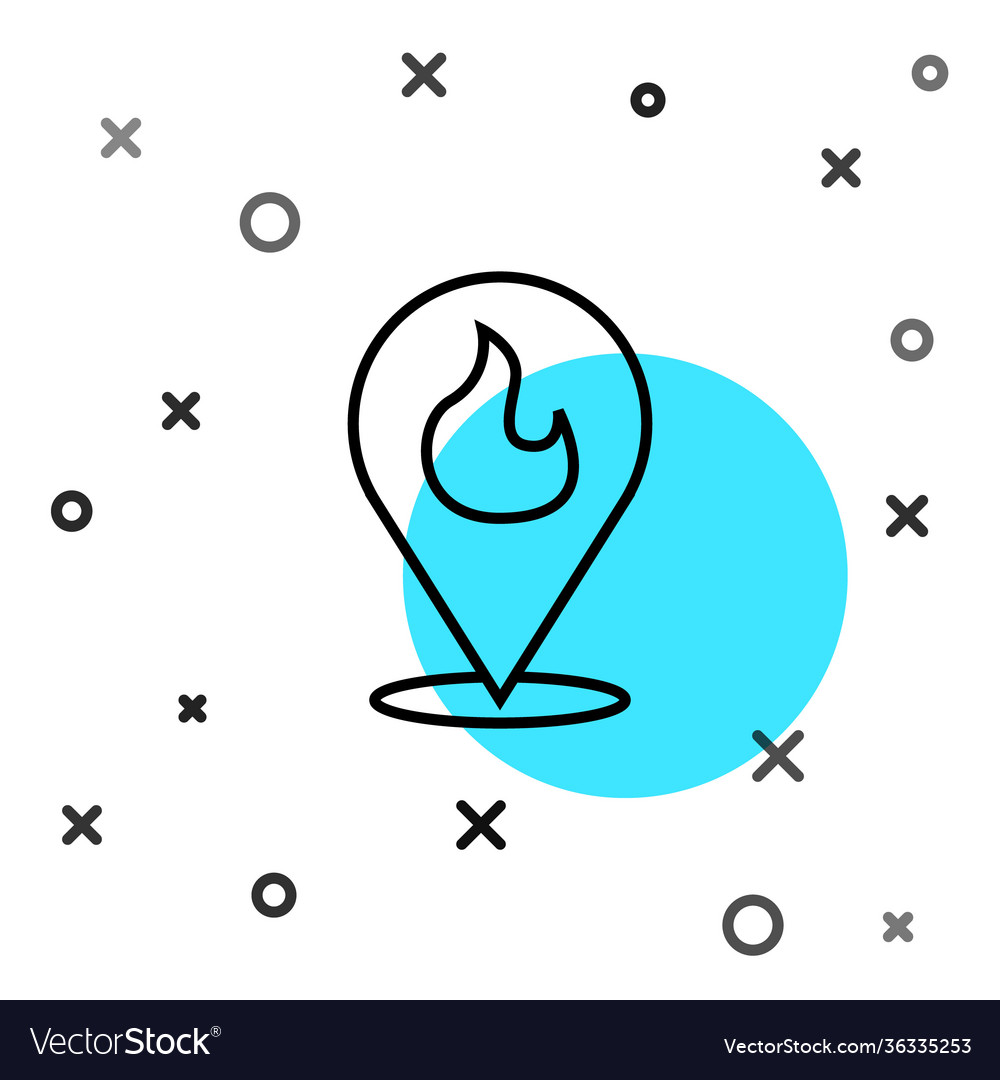 Black line map pointer with fire flame icon