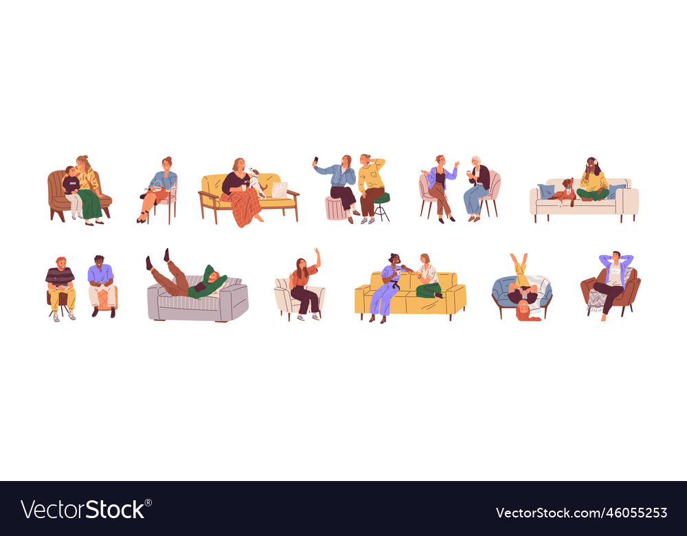 Happy smiling people sitting on sofas and chairs Vector Image