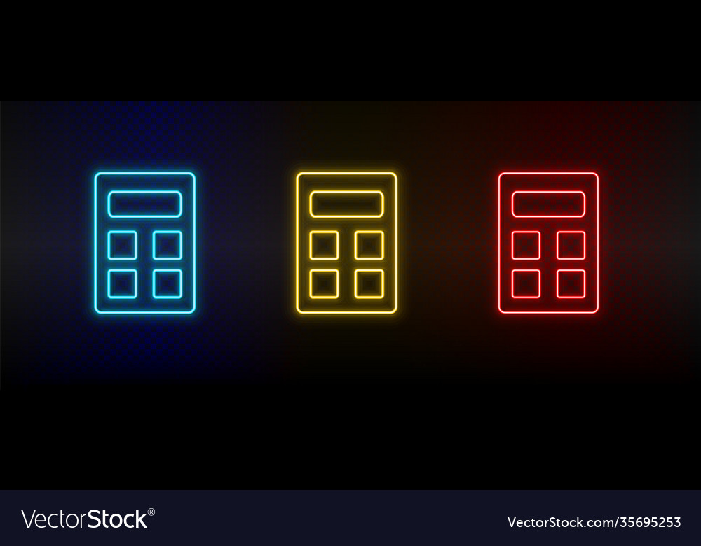 Neon icons calculator set red blue yellow