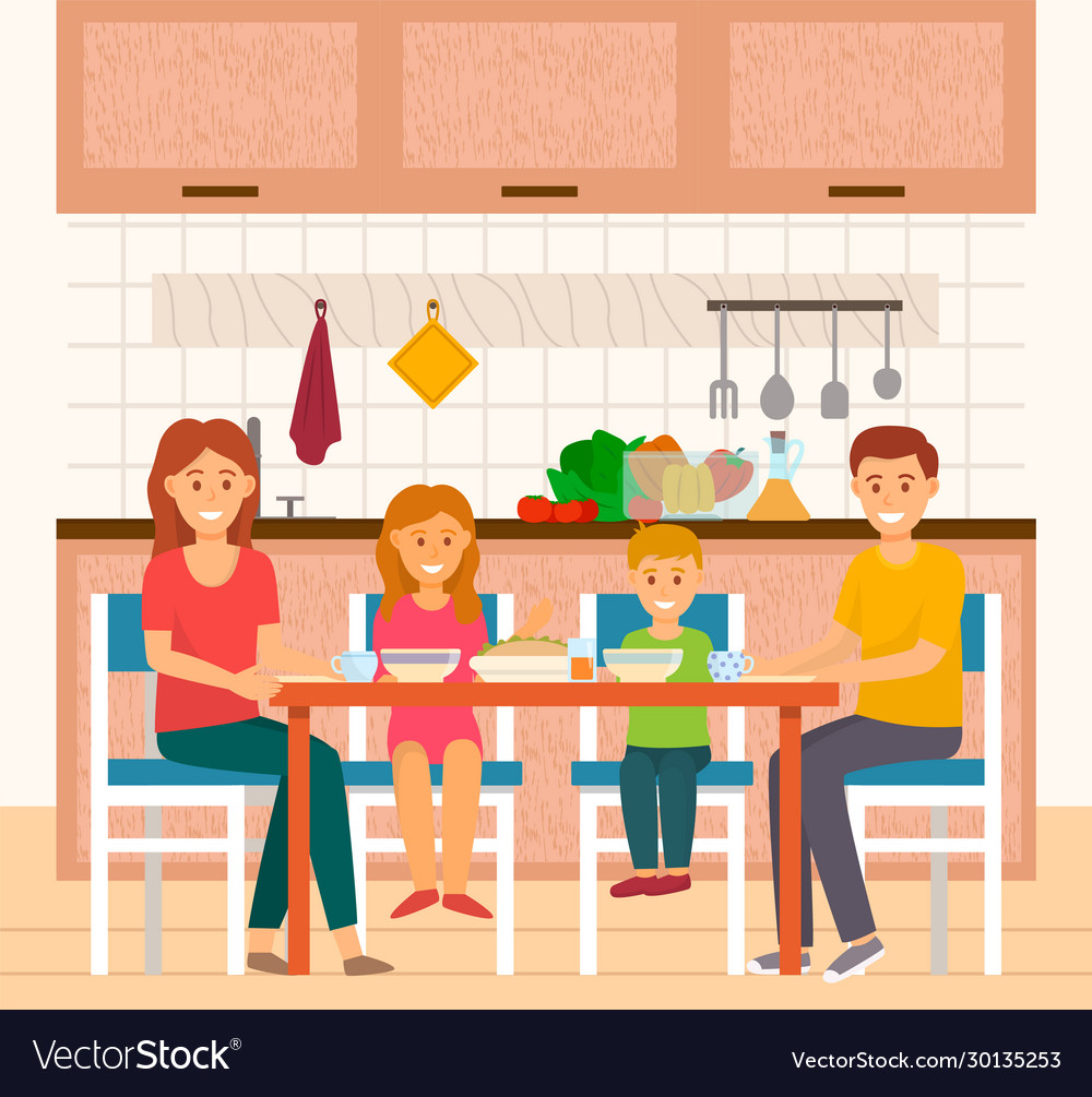 People Eating At Home Family In Kitchen House Vector Image
